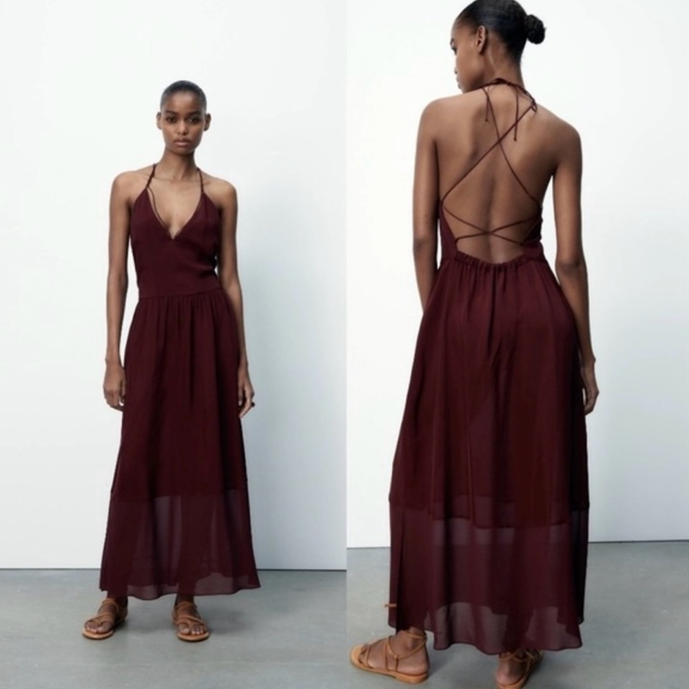 NWT ZARA SUMMER DRESS wine color with sheer panel and strappy back SIZE L